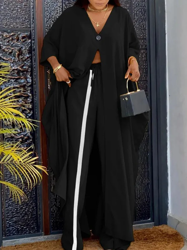 Batwing Sleeves Split-Front V-Neck Cover-Ups Tops + High Waisted Elasticity Pants Two Pieces Set - Image 3