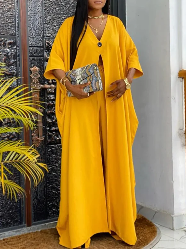 Batwing Sleeves Split-Front V-Neck Cover-Ups Tops + High Waisted Elasticity Pants Two Pieces Set - Image 4