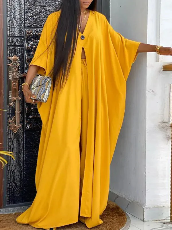 Batwing Sleeves Split-Front V-Neck Cover-Ups Tops + High Waisted Elasticity Pants Two Pieces Set - Image 5