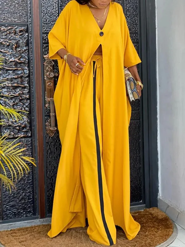Batwing Sleeves Split-Front V-Neck Cover-Ups Tops + High Waisted Elasticity Pants Two Pieces Set - Image 6