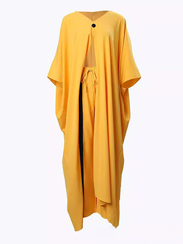 Batwing Sleeves Split-Front V-Neck Cover-Ups Tops + High Waisted Elasticity Pants Two Pieces Set - Image 7