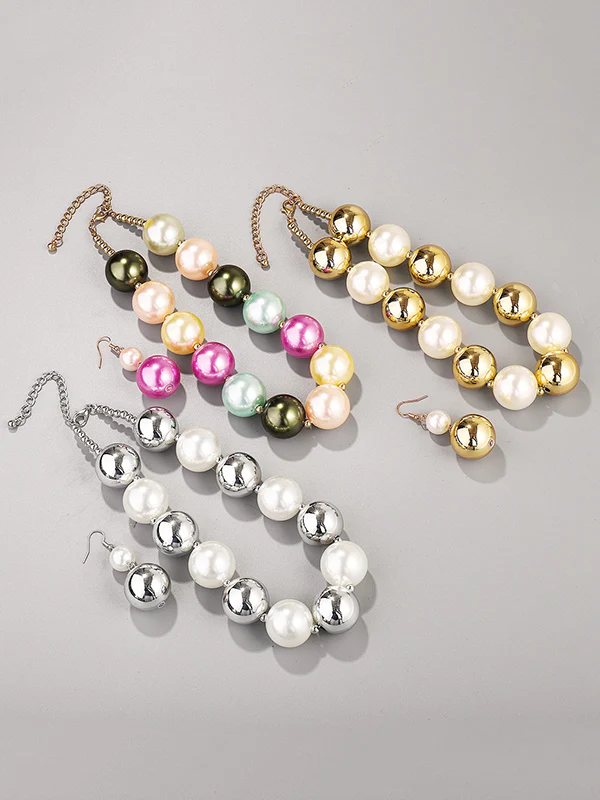 Beaded Contrast Color Geometric Dainty Necklace Earrings Accessories Necklaces Accessories Three Pieces Set - Image 11