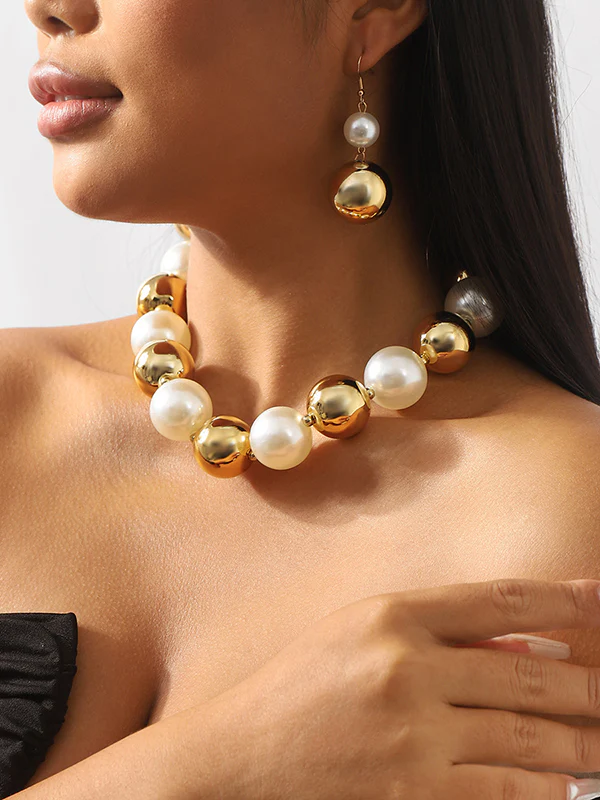 Beaded Contrast Color Geometric Dainty Necklace Earrings Accessories Necklaces Accessories Three Pieces Set - Image 2