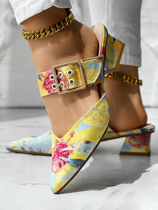 Belt Buckle Floral Printed Pointed-Toe Split-Joint Pumps Sandals - Image 2
