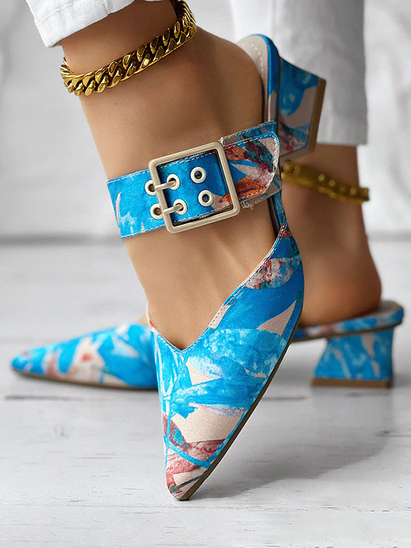 Belt Buckle Floral Printed Pointed-Toe Split-Joint Pumps Sandals - Image 3