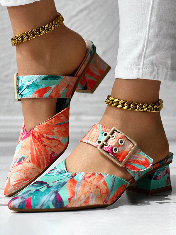 Belt Buckle Floral Printed Pointed-Toe Split-Joint Pumps Sandals - Image 4