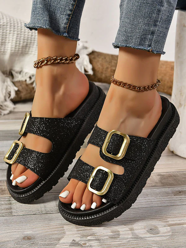 Belt Buckle Hollow Open Toe Shiny Sandals Slippers - Image 4