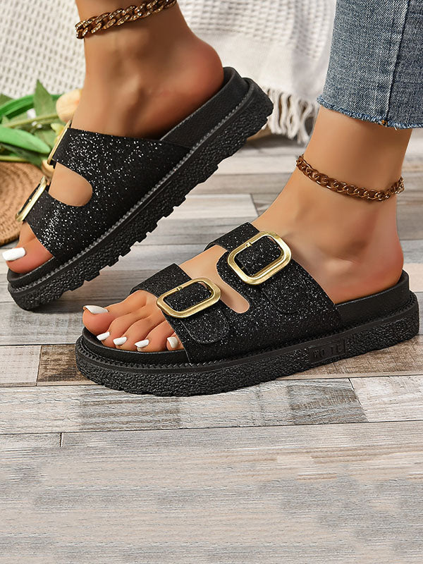 Belt Buckle Hollow Open Toe Shiny Sandals Slippers - Image 5