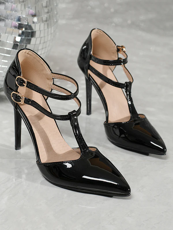 Belt Buckle Hollow Pointed-Toe Shiny Split-Joint Pumps - Image 4