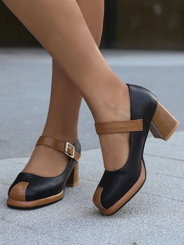 Belt Buckle Hollow Round-Toe Shallow Cut Split-Joint Pumps - Image 4