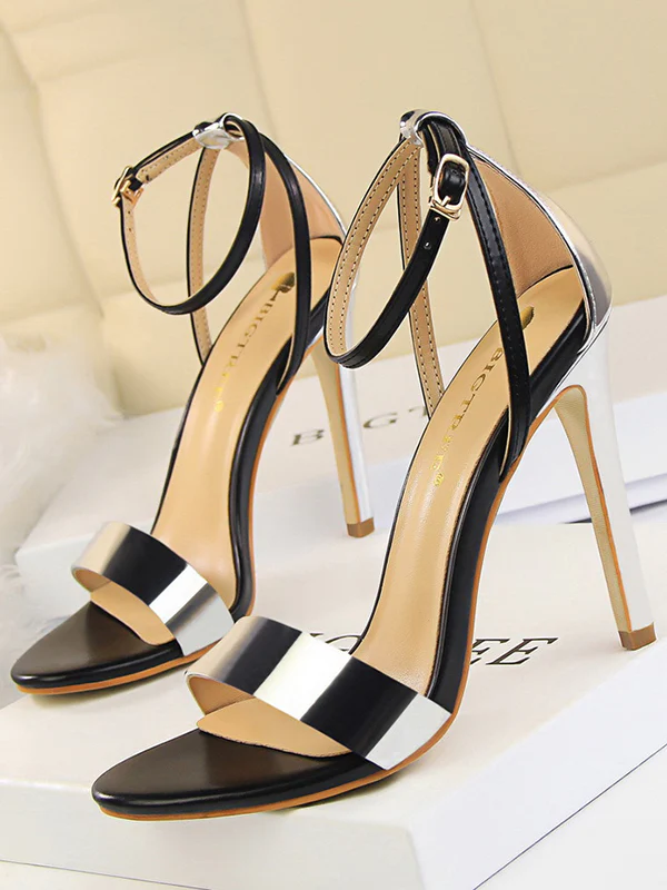 Belt Buckle Open Toe Shiny Split-Joint Pumps Sandals Sandals - Image 3