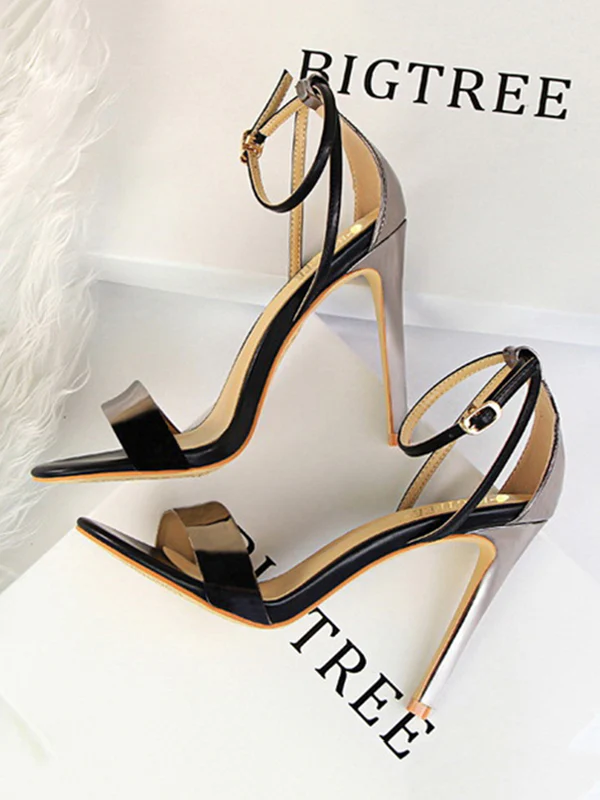 Belt Buckle Open Toe Shiny Split-Joint Pumps Sandals Sandals - Image 8
