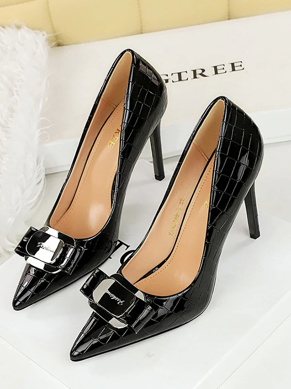 Belt Buckle Pointed-Toe Shiny Split-Joint Pumps - Image 6