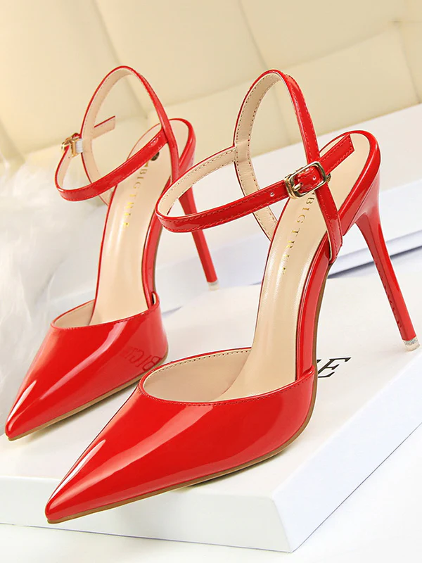 Belt Buckle Pointed-Toe Shiny Split-Joint Pumps Sandals - Image 10
