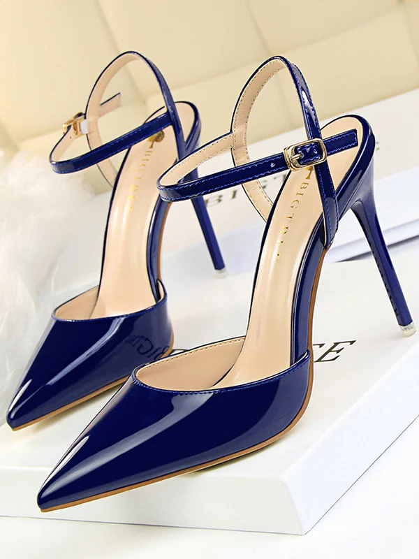 Belt Buckle Pointed-Toe Shiny Split-Joint Pumps Sandals - Image 11