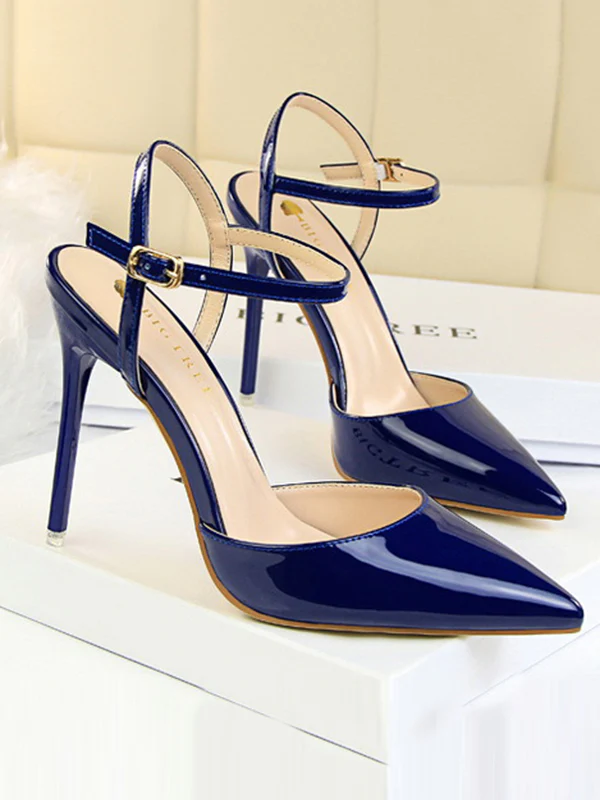 Belt Buckle Pointed-Toe Shiny Split-Joint Pumps Sandals - Image 12