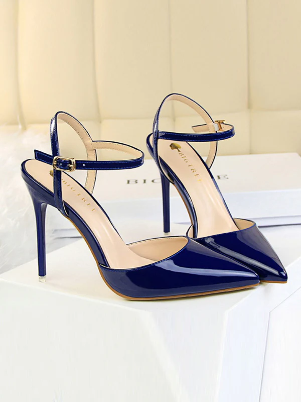 Belt Buckle Pointed-Toe Shiny Split-Joint Pumps Sandals - Image 13
