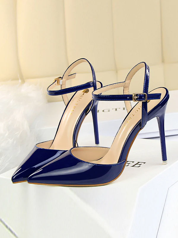 Belt Buckle Pointed-Toe Shiny Split-Joint Pumps Sandals - Image 14