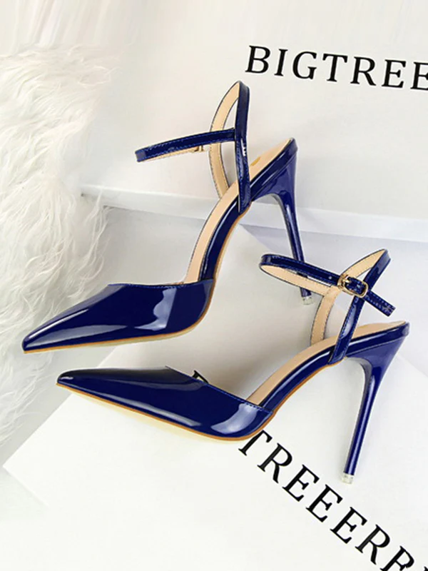Belt Buckle Pointed-Toe Shiny Split-Joint Pumps Sandals - Image 15