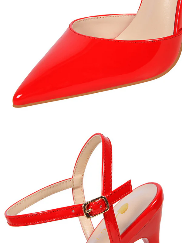Belt Buckle Pointed-Toe Shiny Split-Joint Pumps Sandals - Image 16