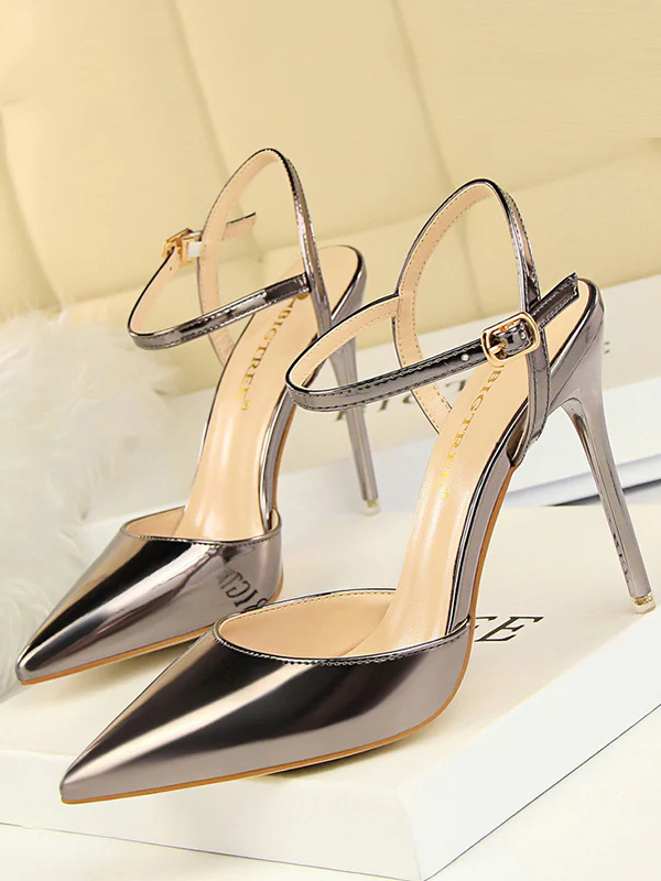 Belt Buckle Pointed-Toe Shiny Split-Joint Pumps Sandals - Image 2