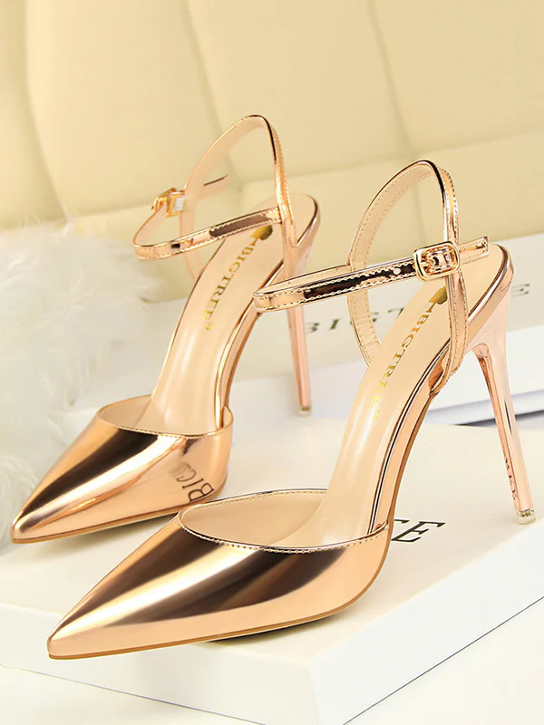 Belt Buckle Pointed-Toe Shiny Split-Joint Pumps Sandals - Image 3