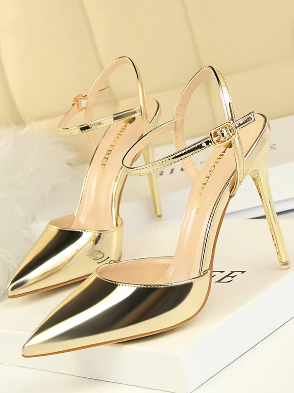 Belt Buckle Pointed-Toe Shiny Split-Joint Pumps Sandals - Image 4