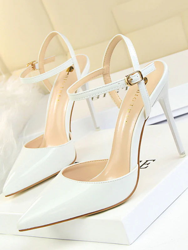 Belt Buckle Pointed-Toe Shiny Split-Joint Pumps Sandals - Image 5