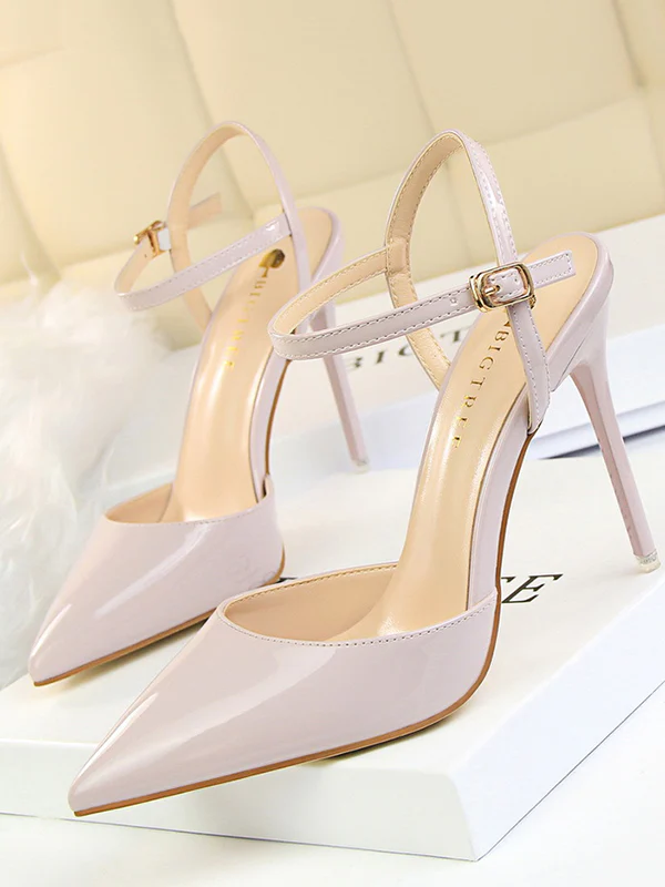 Belt Buckle Pointed-Toe Shiny Split-Joint Pumps Sandals - Image 6