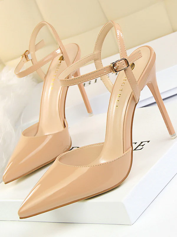 Belt Buckle Pointed-Toe Shiny Split-Joint Pumps Sandals - Image 7