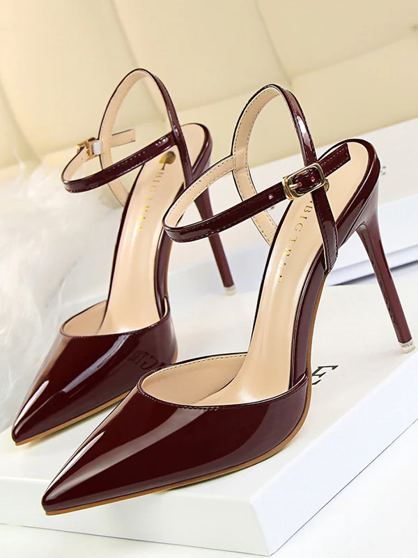 Belt Buckle Pointed-Toe Shiny Split-Joint Pumps Sandals - Image 8