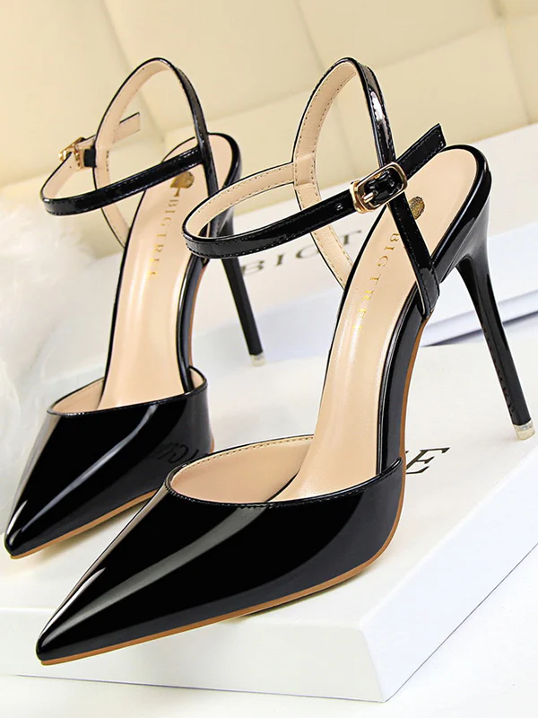 Belt Buckle Pointed-Toe Shiny Split-Joint Pumps Sandals - Image 9