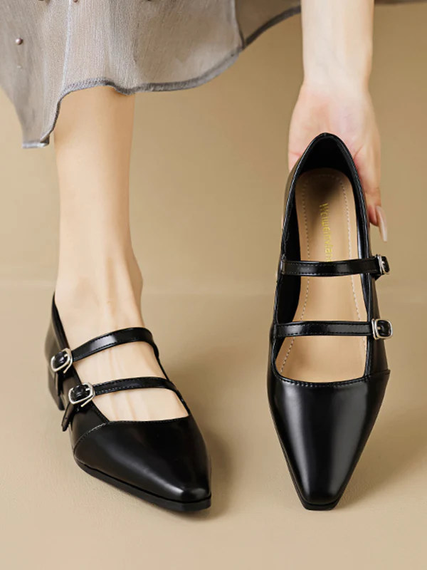 Belt Buckle Pointed-Toe Split-Joint Flat Shoes Mary Janes - Image 10
