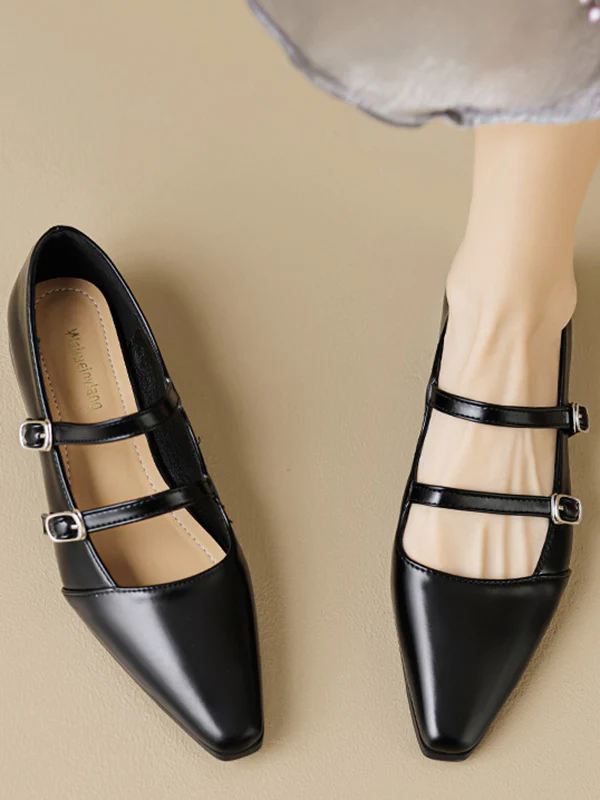 Belt Buckle Pointed-Toe Split-Joint Flat Shoes Mary Janes - Image 11