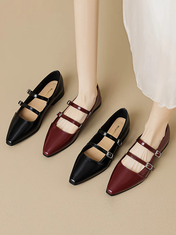 Belt Buckle Pointed-Toe Split-Joint Flat Shoes Mary Janes - Image 13