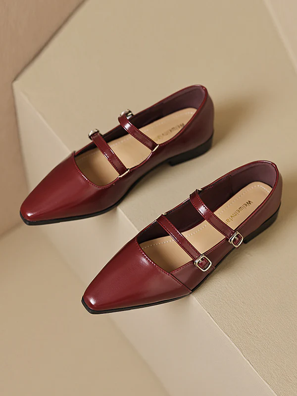 Belt Buckle Pointed-Toe Split-Joint Flat Shoes Mary Janes - Image 14