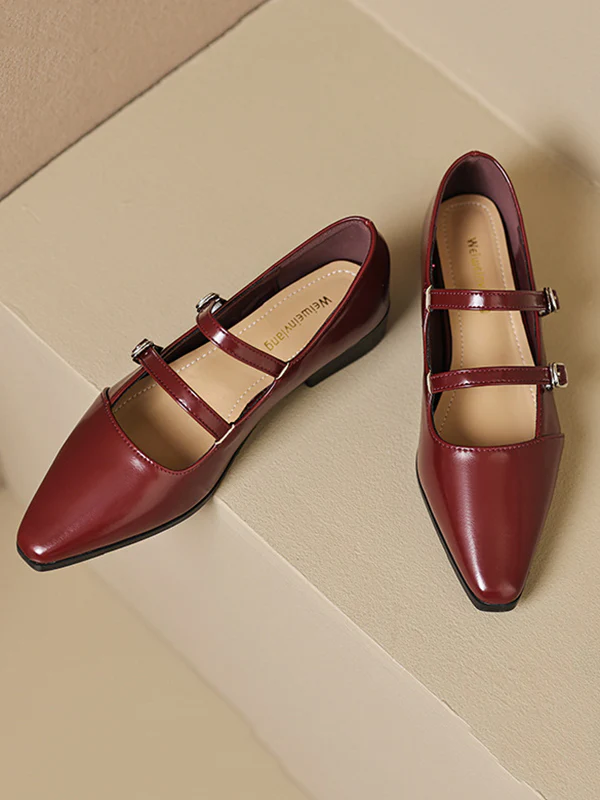 Belt Buckle Pointed-Toe Split-Joint Flat Shoes Mary Janes - Image 15