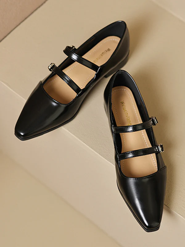 Belt Buckle Pointed-Toe Split-Joint Flat Shoes Mary Janes - Image 16