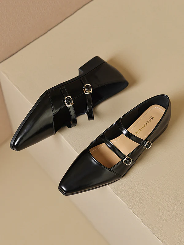 Belt Buckle Pointed-Toe Split-Joint Flat Shoes Mary Janes - Image 17