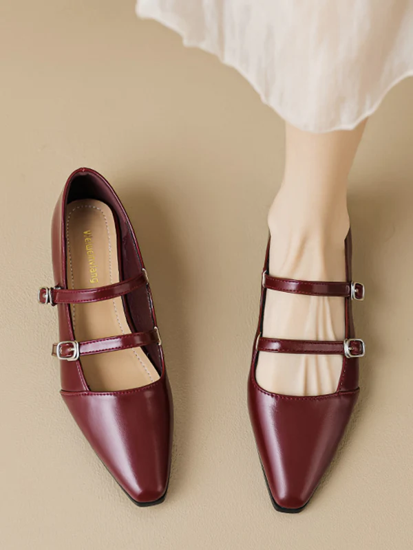 Belt Buckle Pointed-Toe Split-Joint Flat Shoes Mary Janes - Image 2