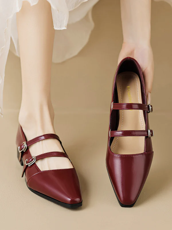 Belt Buckle Pointed-Toe Split-Joint Flat Shoes Mary Janes - Image 3