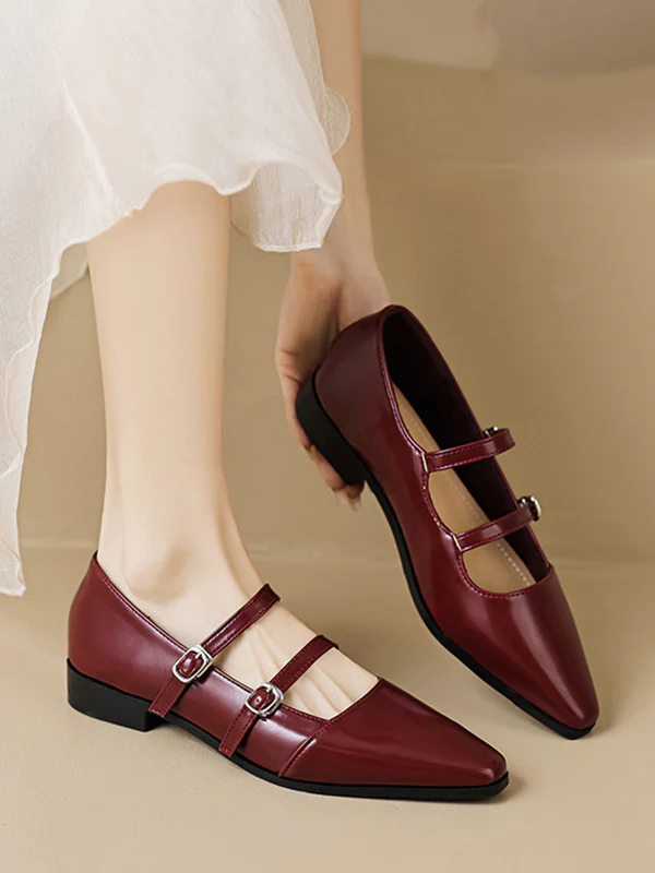 Belt Buckle Pointed-Toe Split-Joint Flat Shoes Mary Janes - Image 4