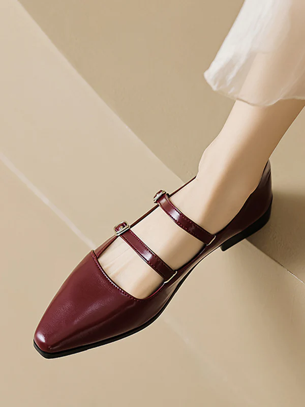 Belt Buckle Pointed-Toe Split-Joint Flat Shoes Mary Janes - Image 7