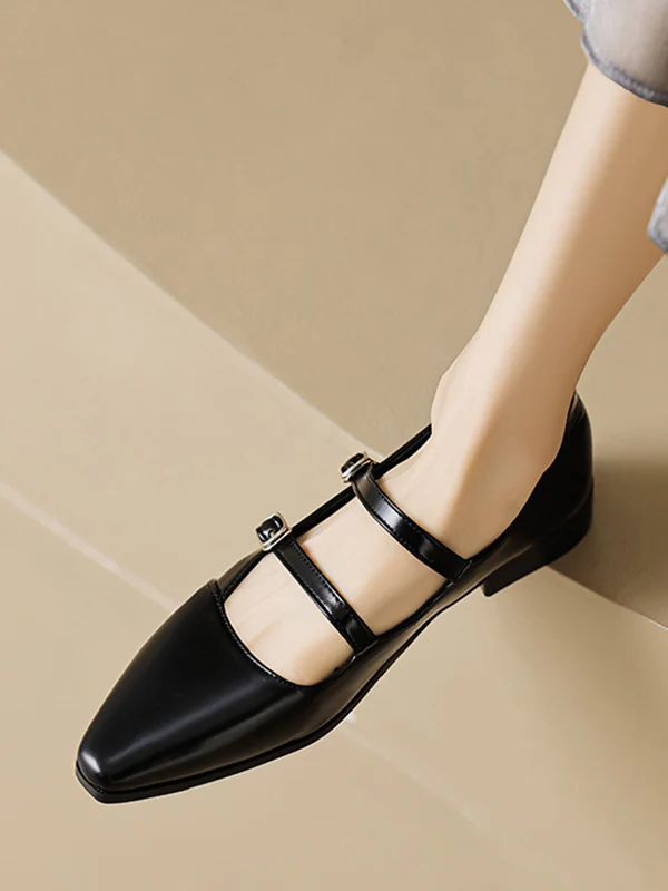 Belt Buckle Pointed-Toe Split-Joint Flat Shoes Mary Janes - Image 8