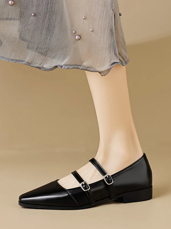 Belt Buckle Pointed-Toe Split-Joint Flat Shoes Mary Janes - Image 9