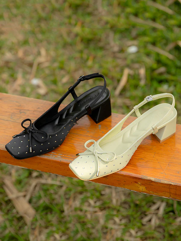 Belt Buckle Rhinestone Split-Joint Square-Toe Pumps Sling Shoes - Image 12