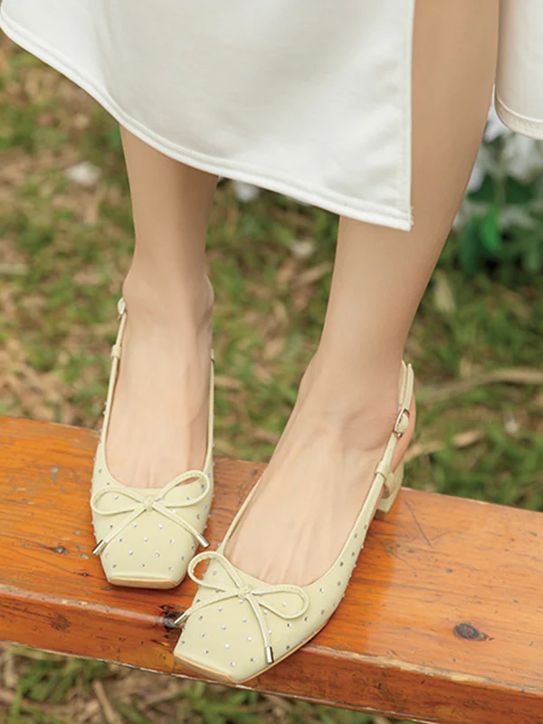 Belt Buckle Rhinestone Split-Joint Square-Toe Pumps Sling Shoes - Image 6