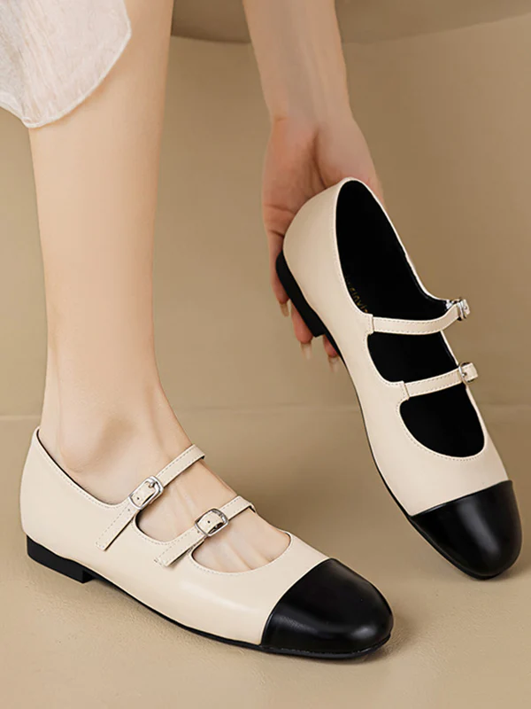 Belt Buckle Round-Toe Split-Joint Flat Shoes Mary Janes - Image 10