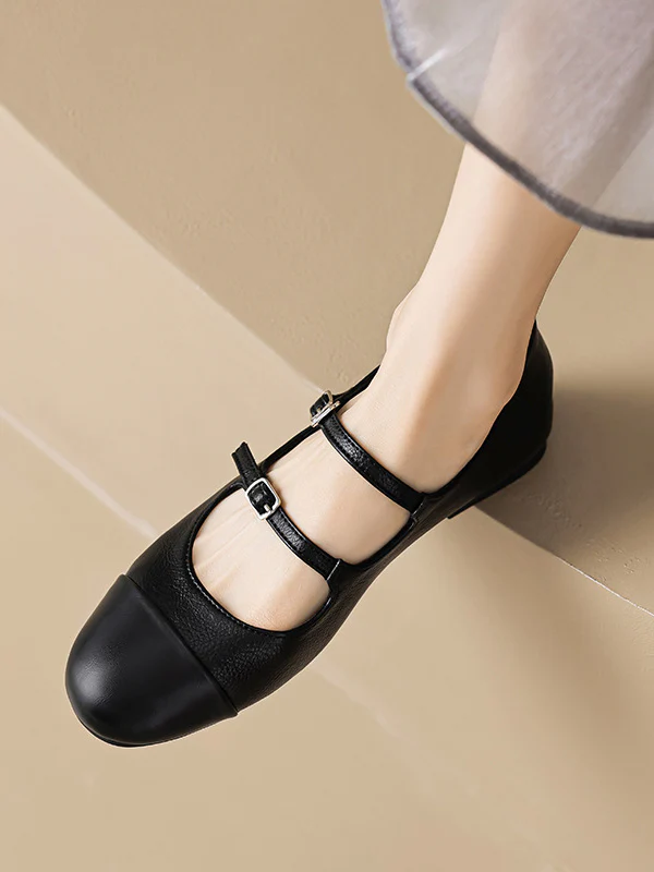 Belt Buckle Round-Toe Split-Joint Flat Shoes Mary Janes - Image 12