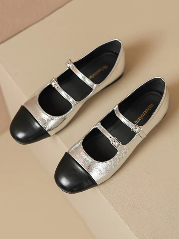 Belt Buckle Round-Toe Split-Joint Flat Shoes Mary Janes - Image 14